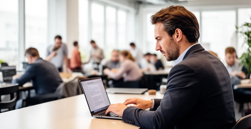 Entrepreneur travaillant sur son plan de financement dans un espace de coworking