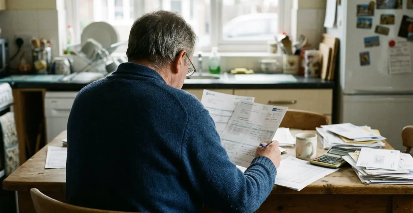 Une personne de dos regarde des documents étalés sur une table de cuisine, dans une lumière naturelle de fin de journée