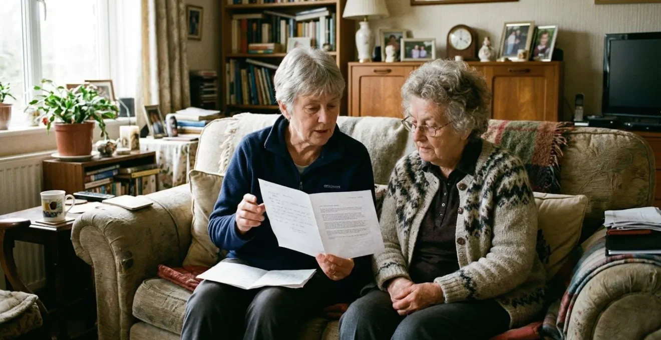 Deux personnes assises côte à côte, l'une montrant un document à l'autre, dans un salon lumineux