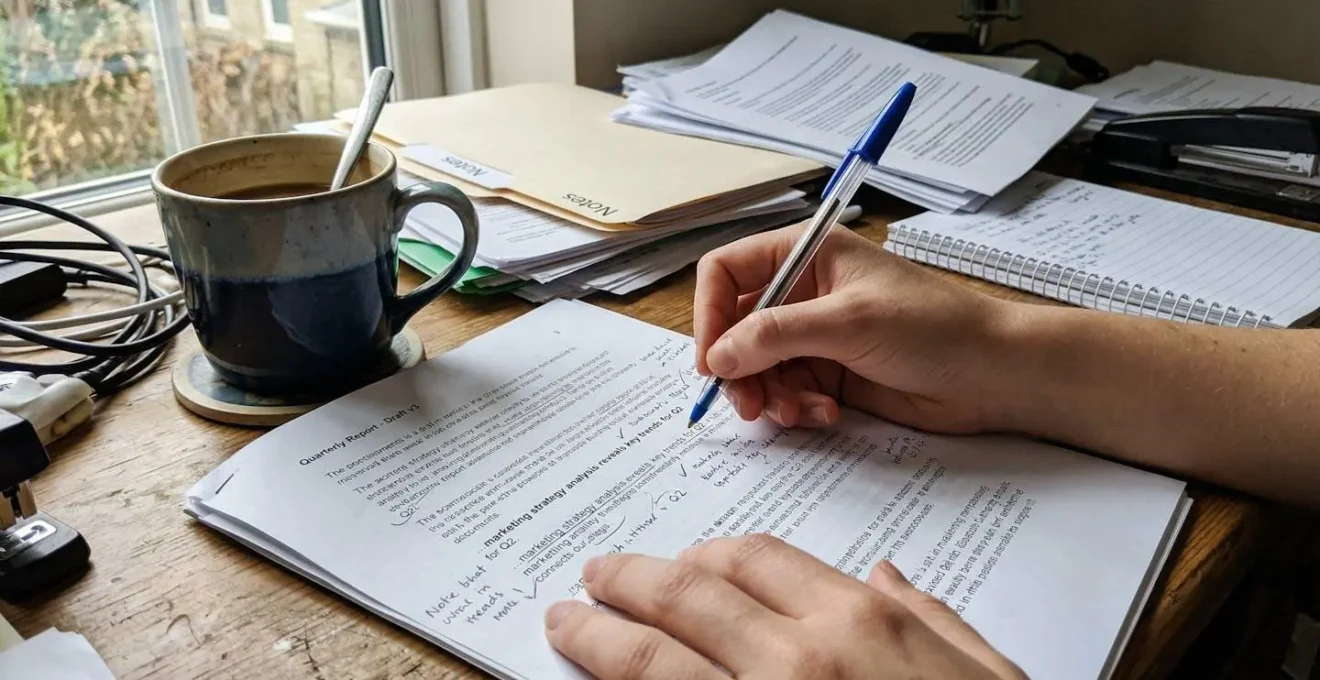 Des mains tiennent un stylo au-dessus d'un document imprimé, avec une tasse de café et des papiers éparpillés sur le bureau