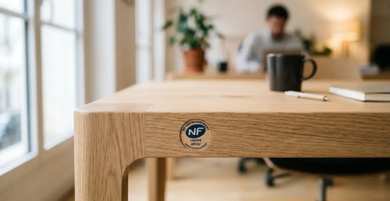 Gros plan sur bureau professionnel en bois clair certifié avec label environnemental NF ou FSC visible, grain naturel et finition mate