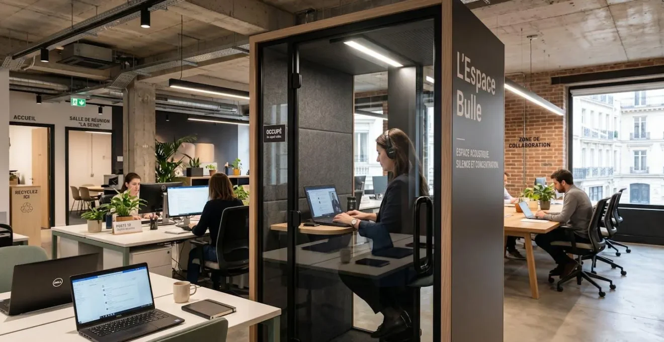 Phone booth acoustique vitré avec panneaux absorbants intégré dans un open space, professionnel en visioconférence concentré à l'intérieur