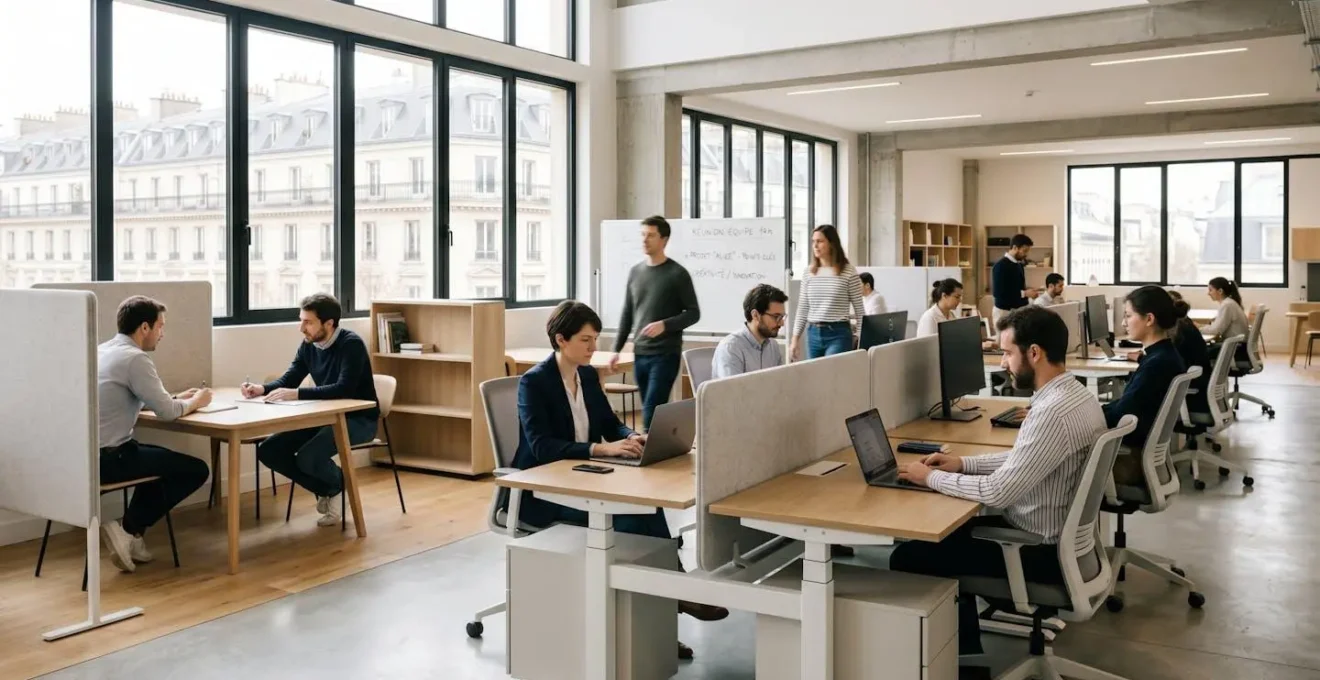 Plateau de bureaux en flex office moderne avec postes de travail réglables non assignés, cloisons acoustiques mobiles grises et caissons de rangement à roulettes, baigné de lumière naturelle