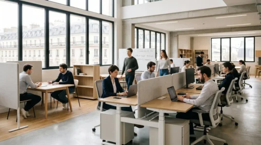 Plateau de bureaux en flex office moderne avec postes de travail réglables non assignés, cloisons acoustiques mobiles grises et caissons de rangement à roulettes, baigné de lumière naturelle