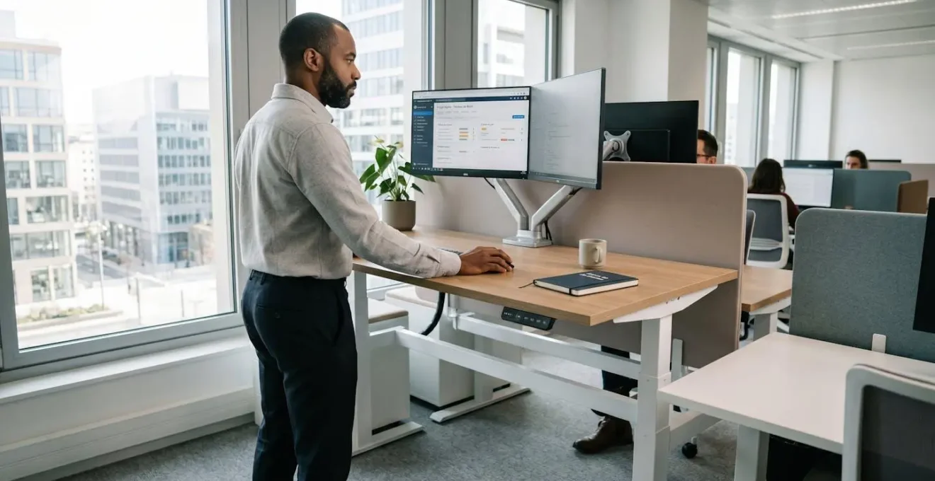 Professionnel travaillant debout à un bureau réglable motorisé en position haute, concentré sur son écran, dans un bureau contemporain lumineux